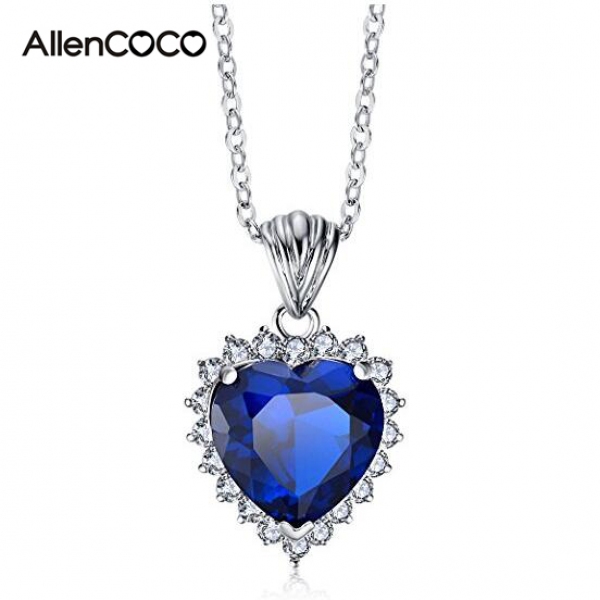 AllenCOCO"Heart Of the Ocean" White Gold Plated Zirconia Blue Heart Pendant Necklaces for Women, 18 Inch